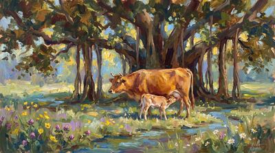Sacred Mother Cow and Calf Banyan Tree Canvas Wall Art