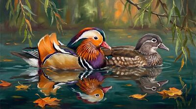 Mandarin Duck Pair Oil Painting Canvas Wall Art