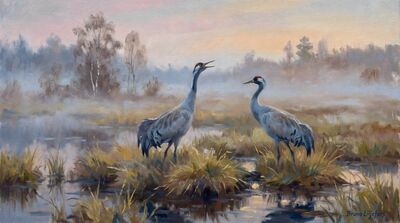 Common Cranes at Dawn Canvas Wall Art