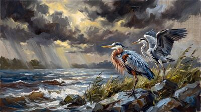 Grey Herons in Storm Canvas Wall Art