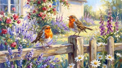 European Robins Cottage Garden Canvas Wall Art