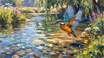 Kingfisher Hovering Over Brook Canvas Painting