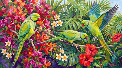 Rose Ringed Parakeets Tropical Garden Canvas Wall Art