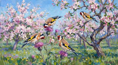 Goldfinches in Apple Orchard Canvas Painting