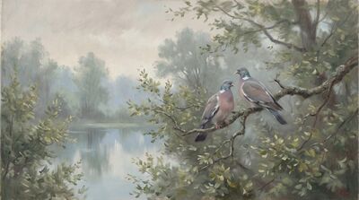 Wood Pigeon Silvery Woodland Canvas Painting