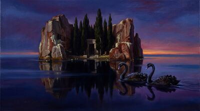 Black Swans Dark Water Twilight Canvas Painting