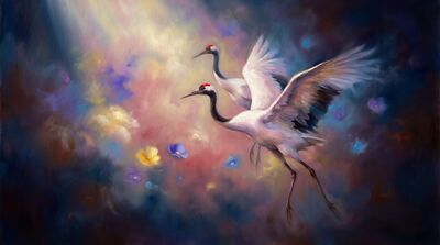 Cranes Dreamscape Floating Canvas Painting