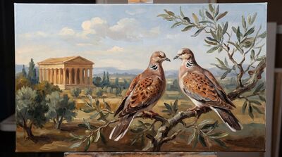 Turtle Doves Arcadian Landscape Canvas Painting