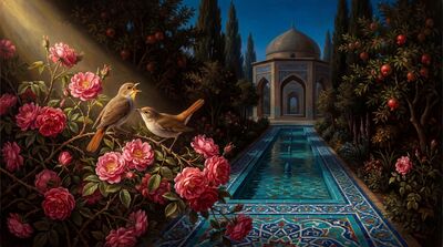 Nightingale Persian Rose Garden Canvas Painting