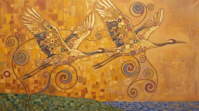 Cranes Golden Flight Klimt Mosaic Canvas Wall Art