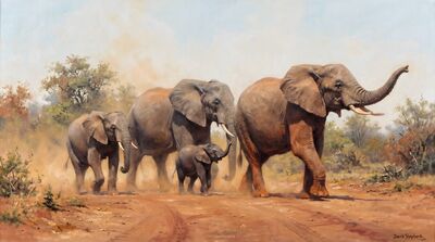 Elephant Herd Dusty Track Oil Painting Canvas Wall Art