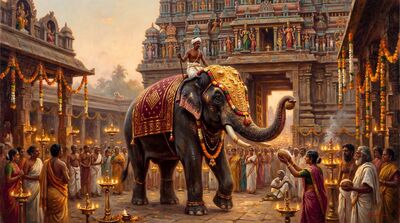 Sacred Temple Elephant South India Oil Painting Canvas Wall Art