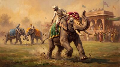 Elephant Polo Nawabi Court Oil Painting Canvas Wall Art