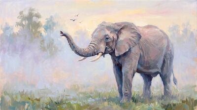Elephant Morning Mist Impressionist Oil Painting Canvas Wall Art