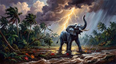 Elephant Thunderstorm Jungle Oil Painting Canvas Wall Art