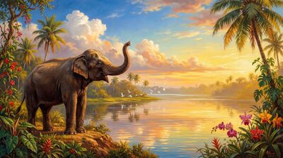 Elephant Tropical River Canvas Wall Art