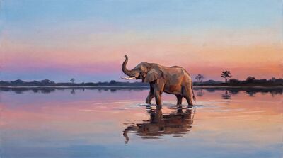 Elephant Twilight Water Canvas Painting