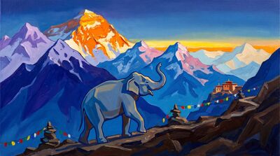 Elephant Himalayan Dawn Mountain Pass Canvas Painting