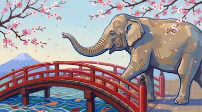 Elephant Cherry Blossom Bridge Canvas Wall Art