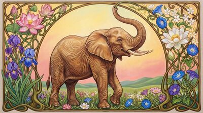 Elephant Floral Arch Art Nouveau Canvas Painting