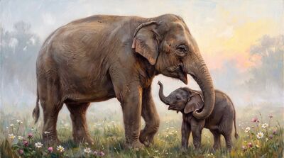 Elephant Mother and Calf Dawn Canvas Wall Art