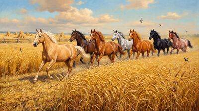 Seven Horses Wheat Field Canvas Painting