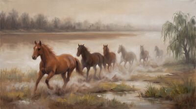 Seven Horses Misty Dawn Canvas Wall Art