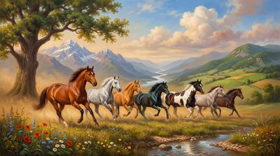 Seven Horses Grand Landscape Canvas Wall Art