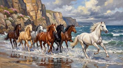 Seven Horses Charging Coastal Shore Canvas Painting