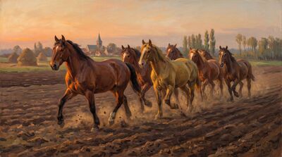 Seven Horses Plowed Fields Dawn Canvas Wall Art