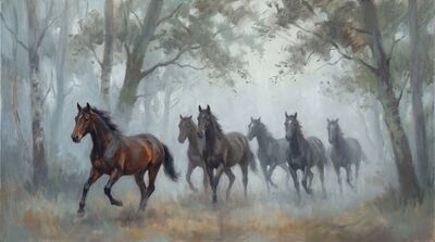 Seven Horses Silvery Forest Canvas Painting