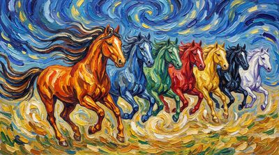 Seven Horses Swirling Energy Canvas Painting