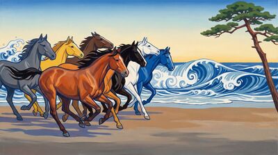 Seven Horses Japanese Wave Shore Canvas Wall Art