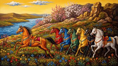 Seven Horses Persian Miniature Canvas Painting