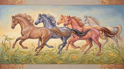 Seven Horses Art Nouveau Canvas Painting