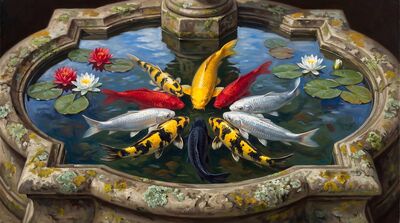 Nine Koi Baroque Fountain Oil Painting Canvas Wall Art