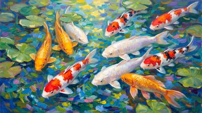 Nine Koi Impressionist Plein Air Canvas Painting