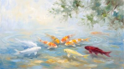 Koi Fish Morning Mist Oil Painting Canvas Wall Art
