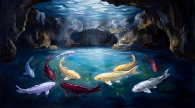 Koi Fish Moonlit Nocturne Oil Painting Canvas Wall Art