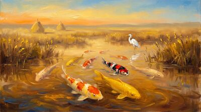 Nine Koi Golden Marsh Pool Canvas Wall Art
