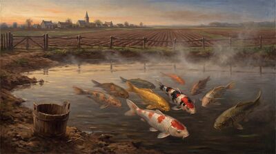 Nine Koi Rustic Village Pond Canvas Wall Art