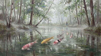 Nine Koi Silvery Forest Pool Canvas Painting