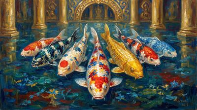 Nine Koi Sacred Pool Canvas Wall Art