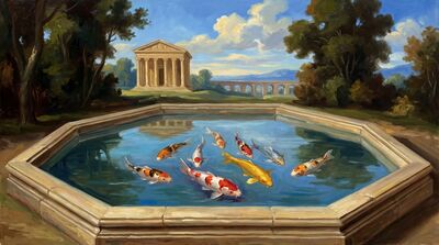 Nine Koi Classical Garden Pool Canvas Painting