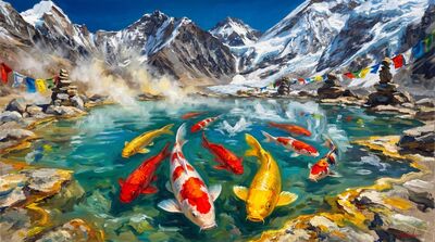Nine Koi Himalayan Mountain Spring Canvas Painting