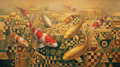 Nine Koi Golden Klimt Mosaic Canvas Wall Art