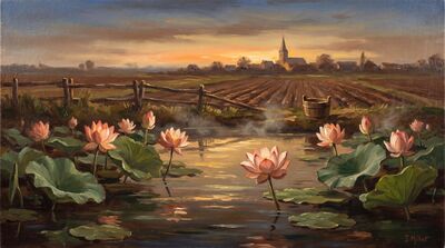 Rustic Lotus Pond Dawn Canvas Wall Art