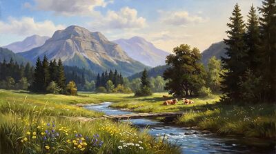 Alpine Mountain Sunlit Meadow Oil Painting Canvas Wall Art
