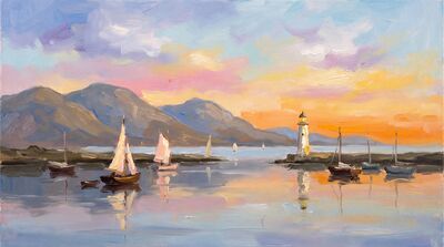 Mountain Harbor Twilight Reflection Canvas Painting