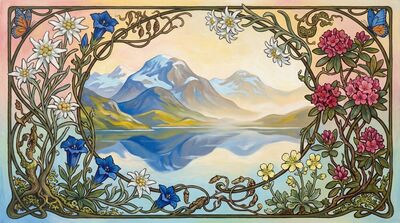 Mountain Floral Border Art Nouveau Canvas Painting